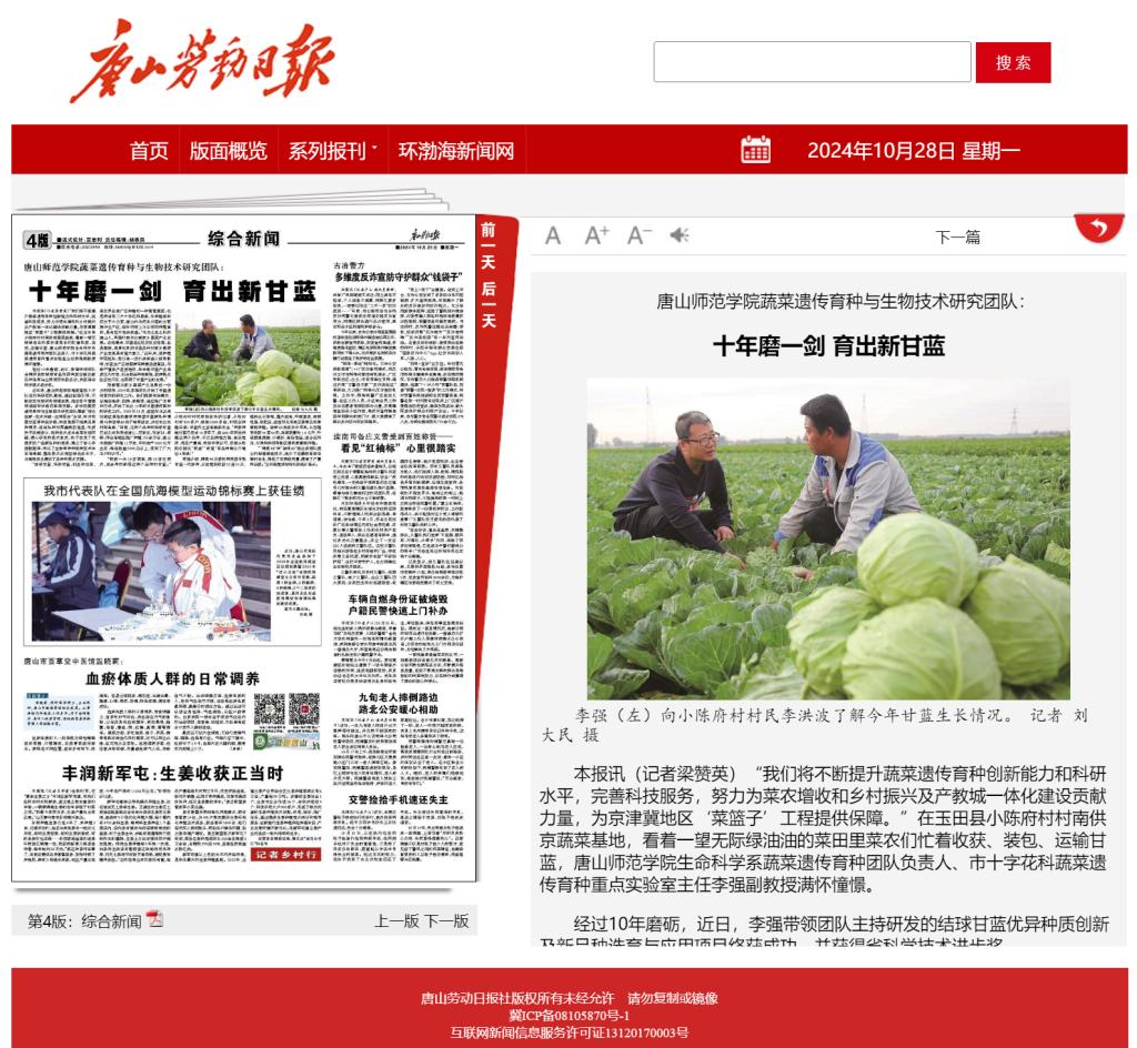 《唐山劳动日报》——纽约国际967线路测试蔬菜遗传育种与生物技术研究团队：十年磨一剑 育出新甘蓝
